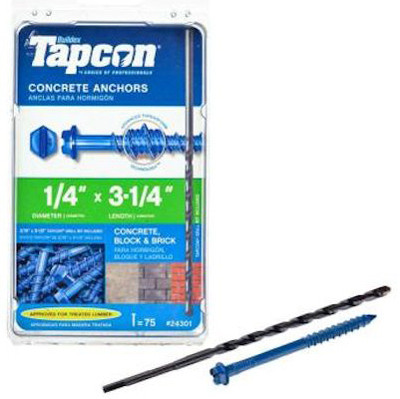 Concrete Anchors, Hex Washer Head, Steel, 1/4 x 3-1/4 In., 75-Pk.