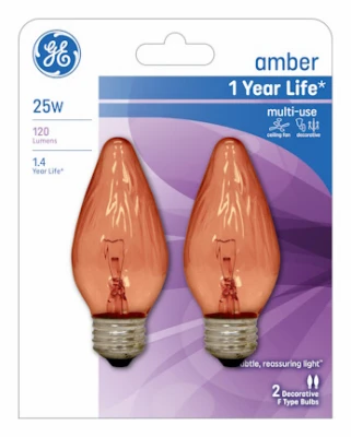 Decorative Light Bulb, Flame Shape, Amber, 25 Watt, 2-Pk.