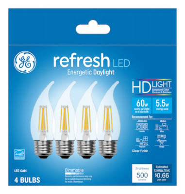 LED Chandelier Light Bulbs, Candle Shape, Medium Base, DayChandelier Light, 500 Lumens, 5.5 Watt, 4-Pk.