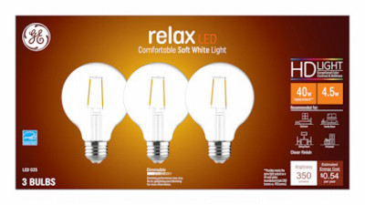 Relax HD LED Globe Light Bulbs, Clear, Soft White, 350 Lumens, 4.5 Watt, 3-Pk.