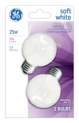 White Incandescent Globe Lamps, 25 Watt, 2-Pk.