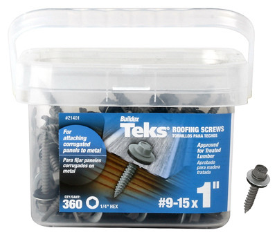 Roofing Screws, Metal To Wood, Hex Washer Head, Sharp Point, #9-15 x 1 In., 360-Pk.