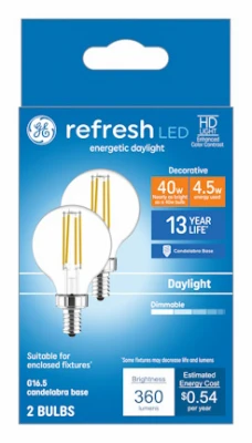 HD+ Refresh LED Globe Light Bulb, Daylight, Candelabra Base, 4.5 Watt, 2-Pk.