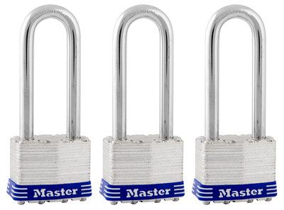 Keyed Laminated Padlocks, Steel Body, 1-3/4 In., 2.5-In. Long Shackle, 3-Pack