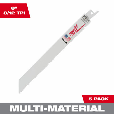 Reciprocating Saw Blades, Bi-Metal, 8/12 TPI, 8 In., 5-Pk.