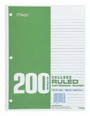 College Rule Filler Paper, White, 10.5 x 8 In., 200 Sheets