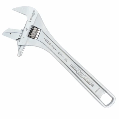 8" Adj Wrench, Reversible Jaw, Wide, Chrome