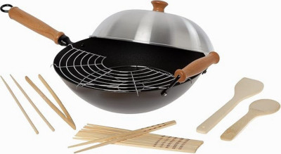 Professional Series 14 In. Carbon Steel Excalibur Nonstick Flat Bottom Wok Set with Lid and Maple Handles 10-Pc.