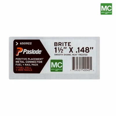 1-1/2" x .148 BRITE HEAT TREATED SMOOTH SHANK PAPER TAPE COLLATED POSITIVE PLACEMENT METAL CONNECTOR FUEL AND NAIL PACK 800CT