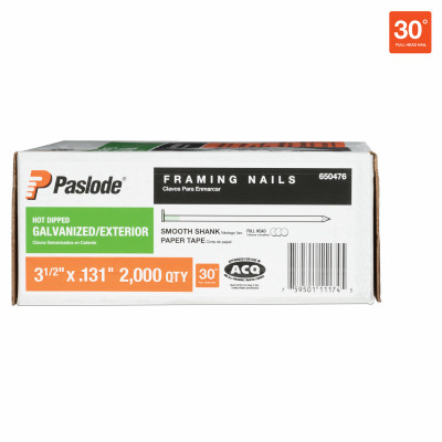 3-1/2" x .131 HOT DIPPED GALVANIZED SMOOTH SHANK 30 DEGREE PAPER TAPE COLLATED ROUNDRIVE FRAMING NAILS 2000CT