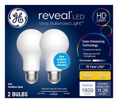 HD+ Reveal LED Light Bulb, A19 Mid Base, 1600 Lumens, 10.5 Watt, 2-Pk.