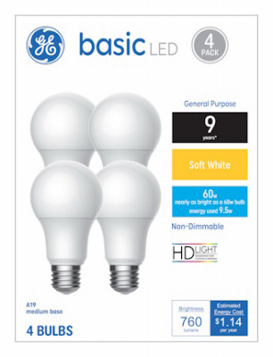 LED Light Bulbs, Soft White, 760 Lumens, 9.5 Watt, 4-Pk.