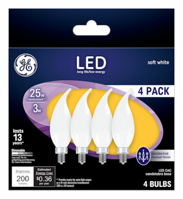 Decorative LED Light Bulbs, Frosted, Candelabra Base, 2.5 Watt, 200 Lumens, 4-Pk.