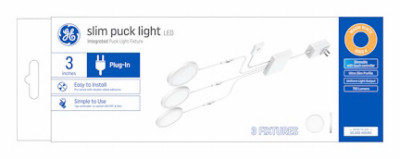 LED Slim Puck Light, White Plastic, Plug In, 3.1 In.,12 Watt