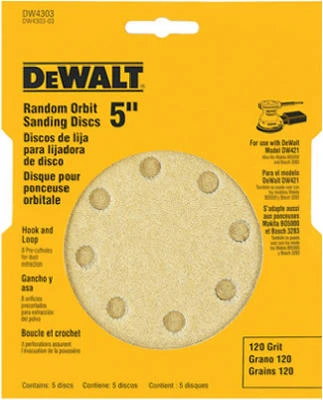 Hook-and-Loop Random Orbit Sandpaper, 5 In., 8-Hole, 120-Grit, 5-Pk.