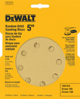 Hook-and-Loop Random Orbit Sandpaper, 5 In., 8-Hole, 150-Grit, 5-Pk.