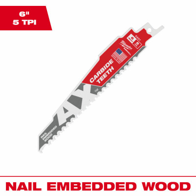 Sawzall Ax Reciprocating Saw Blade, Carbide Teeth, 5 TPI, 6 In.
