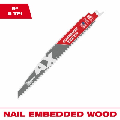 Sawzall Ax Reciprocating Saw Blade, Carbide Teeth, 5 TPI, 9 In.