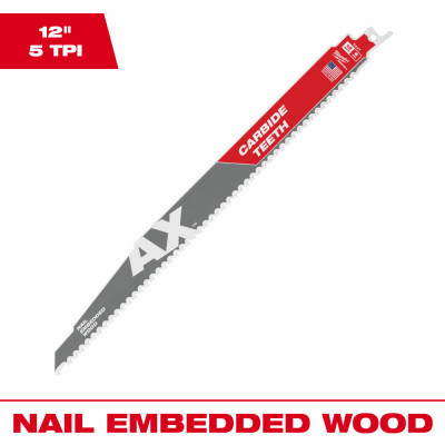 Sawzall Ax Reciprocating Saw Blade, Carbide Teeth, 5 TPI, 12 In.