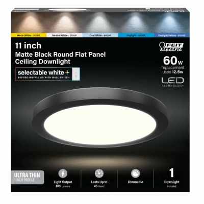 LED Edge-Lit Flat Panel Recessed Ceiling Light Kit, Flush Mount, Black, Selectable Color Temp, 12.5 Watt, 11 In. Round