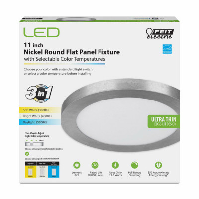LED Edge-Lit Flat Panel Recessed Ceiling Light Kit, Flush Mount, Nickel, Selectable Color Temp, 12.5 Watt, 11 In. Round