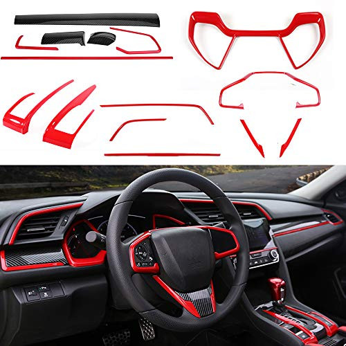 15PCS Civic Interior Full Accessories Center Console Gear Box Cover Trim Steering Wheel Trims Decoration Stickers for 10th Gen Honda Civic 2021 2020 2019 2018 2017 2016(RED)