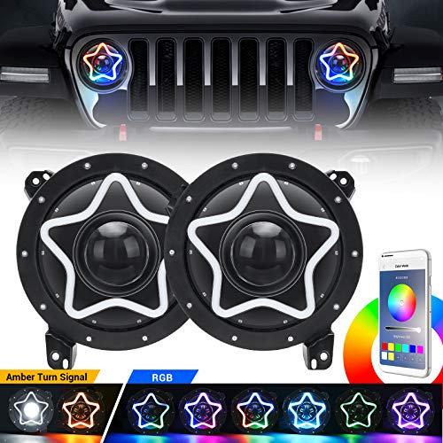 RGB Headlight with Amber Turn Signal, SUPAREE 7 Inch Headlights with JL Headlight Mounting Bracket Adapters Compatible with 2020+ Jeep Gladiator JT 2018-2020 Wrangler JL JLU Sahara Rubicon