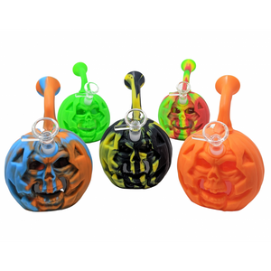SILICONE PUMPKIN SMILEY FACE WITH GLASS CHAMBER WATER PIPE BY CLOVER GLASS [GW9742]