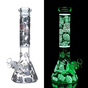 14" GLOW IN THE DARK FACES BEAKER WATER PIPE BY CHILL GLASS [JLB96]