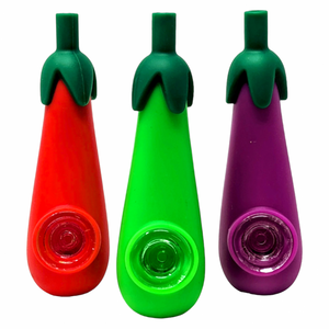 EGGPLANT SILICONE ASSORTED COLORS HAND PIPE WITH GLASS BOWL - [WSG187]
