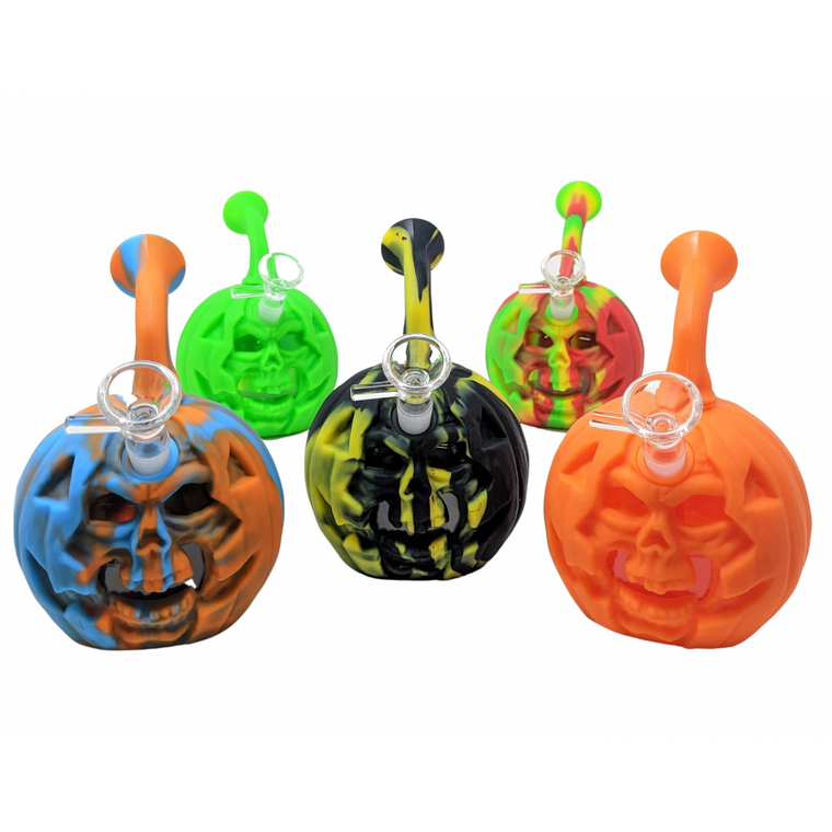 SILICONE PUMPKIN SMILEY FACE WITH GLASS CHAMBER WATER PIPE BY CLOVER GLASS [GW9742]