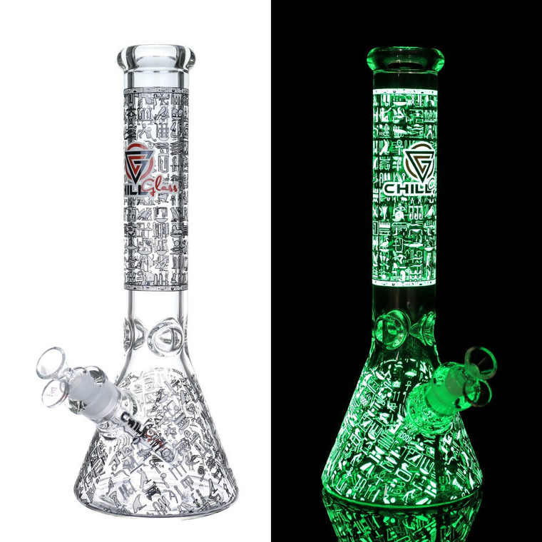 10" GLOW IN THE DARK MINI EGYPTIAN PRINT BEAKER WATER PIPE BY CHILL GLASS