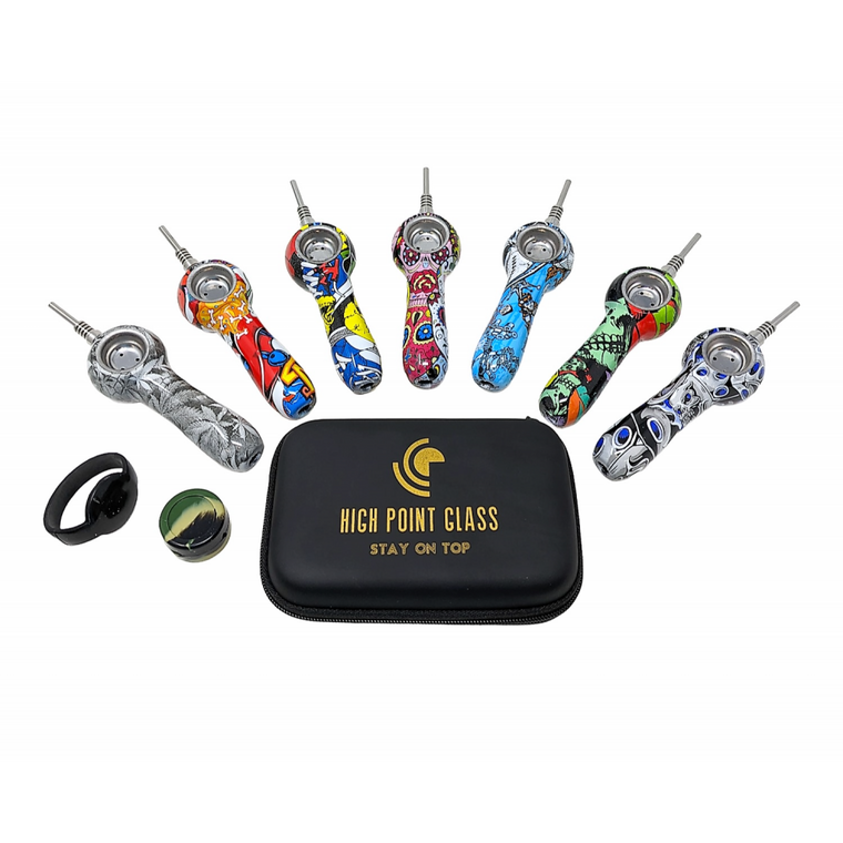 HIGH POINT GLASS ASSORTED SILICONE 2-IN-1 HAND PIPE & NECTAR COLLECTOR SET - [HPG01]