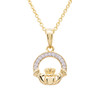 14KT Gold Vermeil Claddagh Necklace Studded with White Cubic Zirconias
