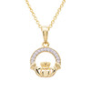 14KT Gold Vermeil Claddagh Necklace Studded with White Cubic Zirconias