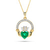 14kt Gold Lab emerald and Diamond Claddagh Medium Necklace