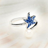 Sterling Silver Pearl With Sapphire Crystal Starfish Ring