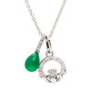 Sterling Silver White Crystal and Green Agate Claddagh Necklace