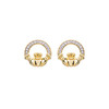 14KT Gold Vermeil Stud Claddagh Earrings Adorned with White Cubic Zirconias