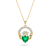 14kt Gold Lab emerald and Diamond Claddagh Large Necklace