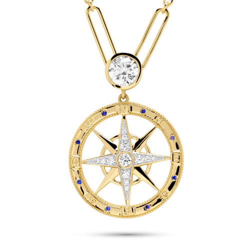 14kt Gold Lab Sapphire and Diamond Compass Necklace