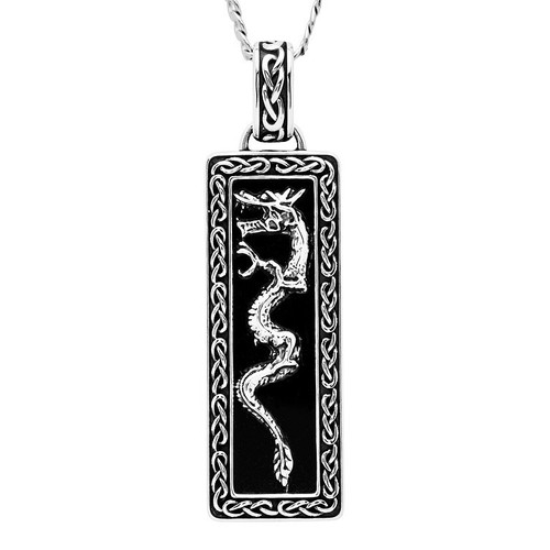 Sterling Silver Men's Onyx Celtic Dragon Necklace