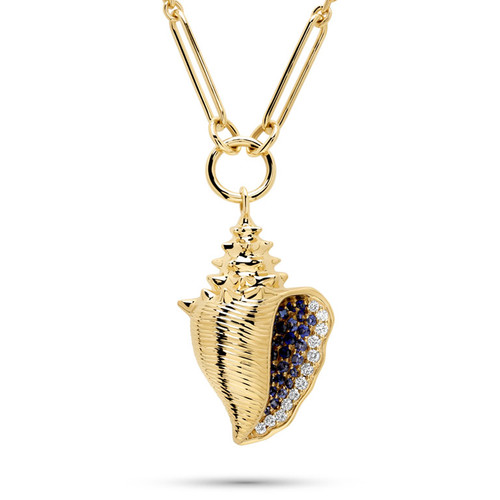 14kt Gold Lab Sapphire and Diamond Con Shell Necklace