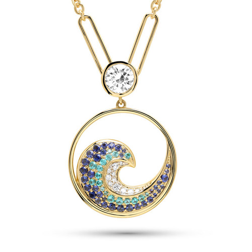 14kt Gold Lab Sapphire and Diamond Wave Necklace