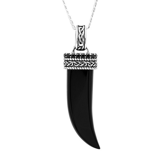 Black Onyx Sterling Silver Men's Celtic Horn Necklace