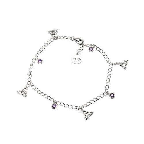 Sterling Silver Celtic Trinity Knot Bracelet with Amethyst Cubic Zirconia Charms