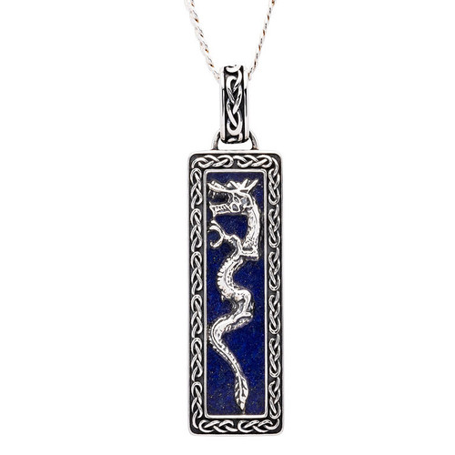 Sterling Silver Men's Blue Lapis Dragon Necklace