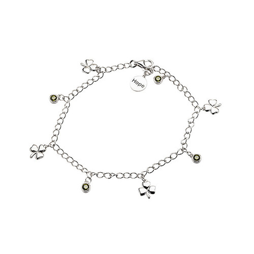 Sterling Silver Irish Shamrock Bracelet with Green Peridot Cubic Zirconia Charms