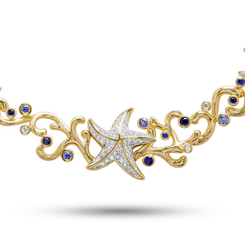 14kt Gold Lab Sapphire and Diamond Star Fish Necklace