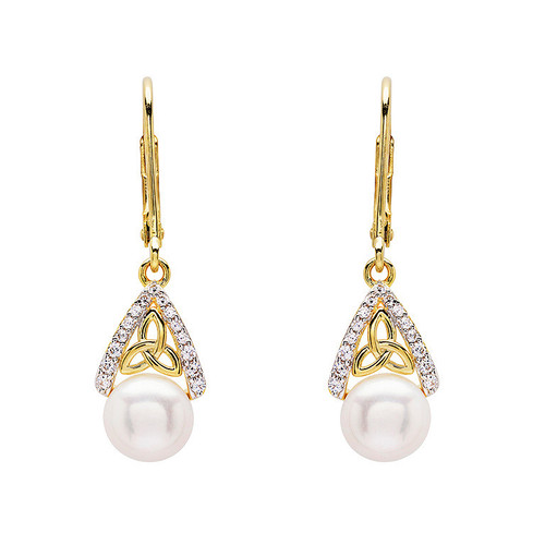14KT Gold Vermeil Drop Pearl Celtic Trinity Knot Earrings